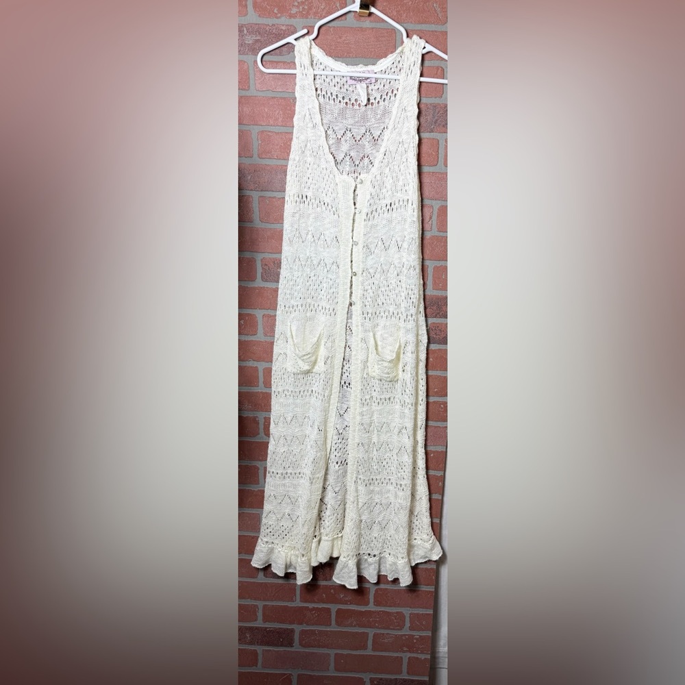 Oliver by Escio Knit Duster Cardigan Vest Sleeveless Crochet Ivory Bohemian